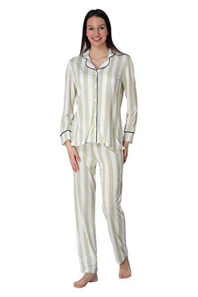 ByLohusa Set de pijamale pentru femei Effortt verde cu nasturi în față