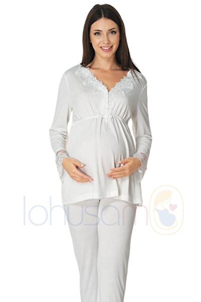 Effortt 8092 Lace Decorated Ecru Maternity Pajama Set