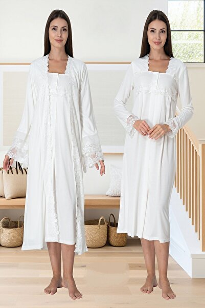 ByLohusa طقم ثوب نوم للحوامل من Effortt Ecru مع ثوب صباحي