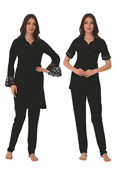 Effortt طقم بيجامة للحوامل مع ثوب صباحي أسود