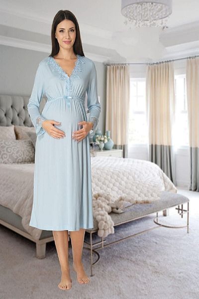 Effort Pijama طقم بيجامة نسائي أزرق بأكمام طويلة من Zerre Bebe، ثوب نوم، ثوب نوم للحوامل، طقم مكون من 4 قطع