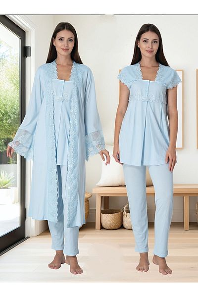 ByLohusa Set de pijamale de maternitate pentru gravide Effortt Blue Peignoir