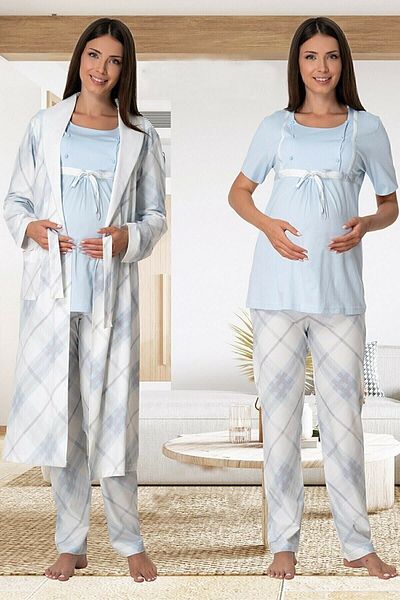 Effort Pijama Set de pijamale de maternitate Effortt în carouri, 3 piese, cu halat