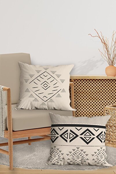 Belle Benoit Set of 4 Double-Sided Digital Printed Black Cream Boho Pillowcase Throw Pillow Set – Zippered, 43X43 cm