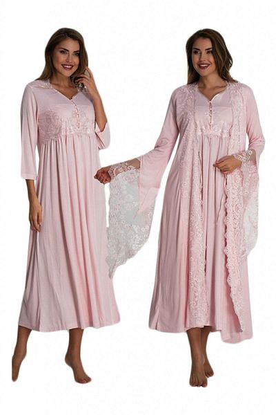 Effort Pijama Pink Spanish Sleeve Maternity Nightgown Set with Dressing Gown 3010