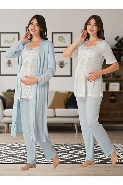 Effort Pijama Short Sleeve Patterned Maternity Pajamas Dressing Gown Set Effort 8014-blue