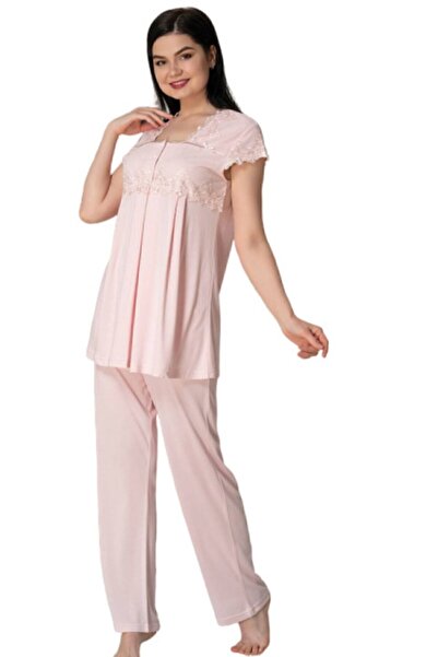 Effortt Γυναικείο Σετ Πιτζάμες εγκυμοσύνης σε σκόνη με μανίκια και γιακά δαντ...