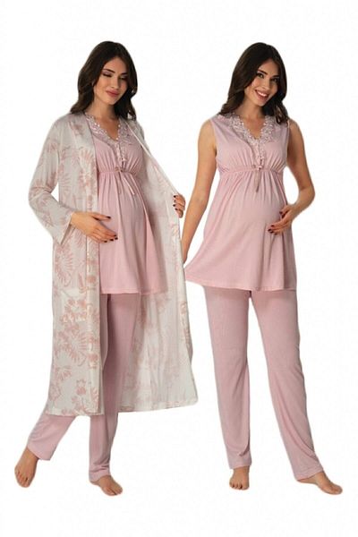 HAMİLE ÇARŞISI Effortt 8034 Powder Pattern Maternity Pajamas with Dressing Gown