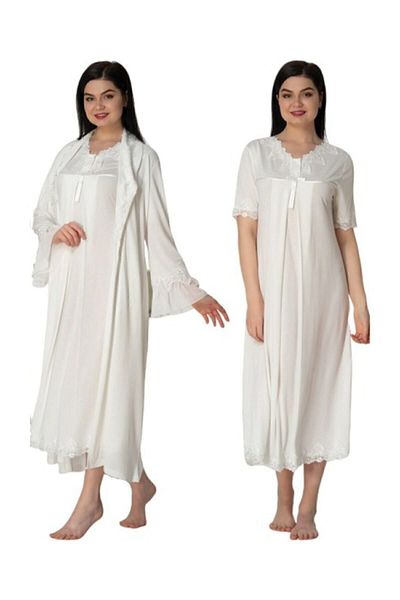 Effort Pijama Women's Ecru Maternity Short Sleeve Nightgown Set with Dressing Gown 5035