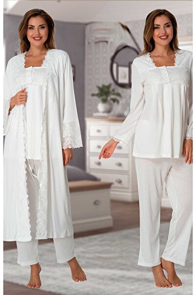 ByLohusa طقم بيجامة للحوامل من Effortt Ecru مع ثوب صباحي