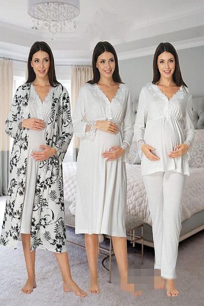 Effort Pijama Zerre Bebe Women's White Long Sleeve Pajamas Set Nightgown Dressing Gown Maternity Pregnant 4 Pieces Set
