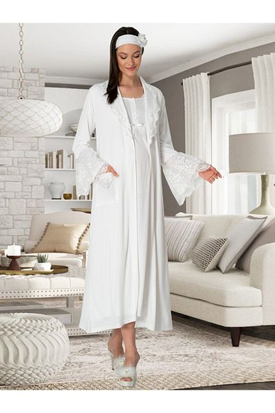 HAMİLE ÇARŞISI Ecru Pajamas and Dressing Gown Set - Maternity Nightgown Mecit5354