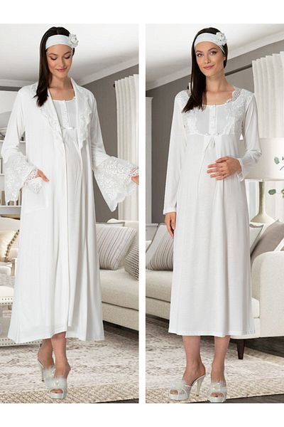 HAMİLE ÇARŞISI Ecru Pajamas and Dressing Gown Set - Maternity Nightgown Mecit5354