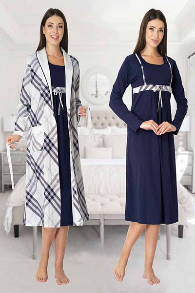 Effortt Mayss Collections 8085 - Navy Blue Maternity Dressing Gown and Nightgown Set