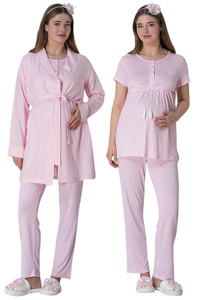 ByLohusa Pregnant Maternity Pajama Set with Pink Dressing Gown