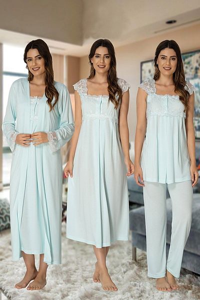 Effort Pijama Zerre Bebe Women's Green Pajamas Set Nightgown Dressing Gown Maternity Pregnant 4-Piece Set 2305