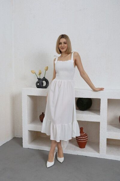 msm fashion Καλοκαιρινό μίντι γυναικείο φόρεμα με λουράκι - φούστα ώμου και βολάν