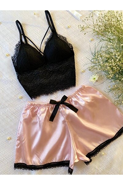 lenastella Pembe Saten Şortlu Bralet Takım