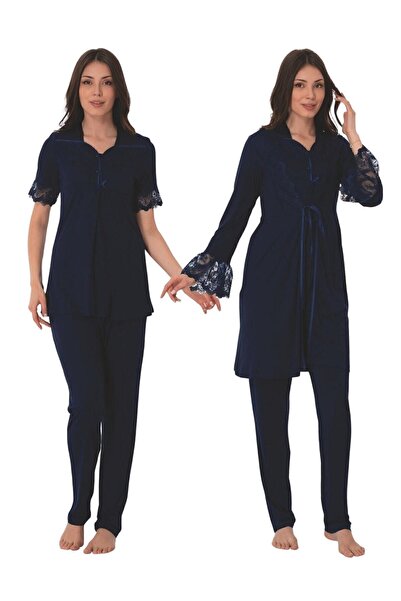 Effortt Тъмносин комплект пижама за бременни с халат