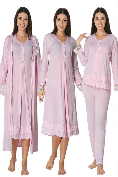 Effort Pijama طقم أكمام طويلة للحوامل باللون الوردي للنساء من Zerre Bebe مكون من 4 قطع 2426
