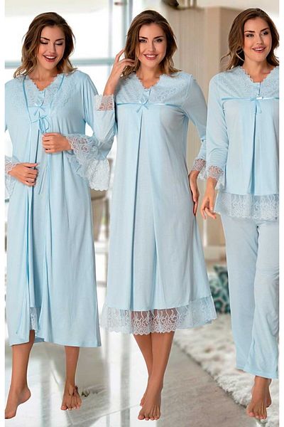 Effort Pijama Effortt 7046 Blue Lace Collar Maternity Pregnant Set of 4