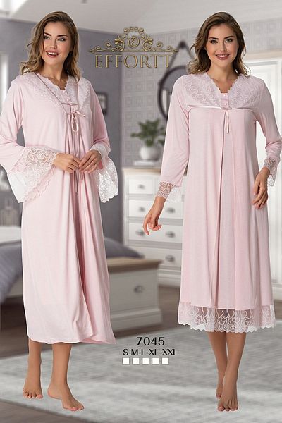 Effort Pijama Effortt 7045 Powder Pink Guipure Maternity Nightgown Set with Dressing Gown