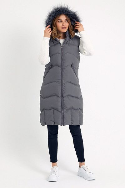 DYNAMO Women's Gray Long Vest with Hood and Fur