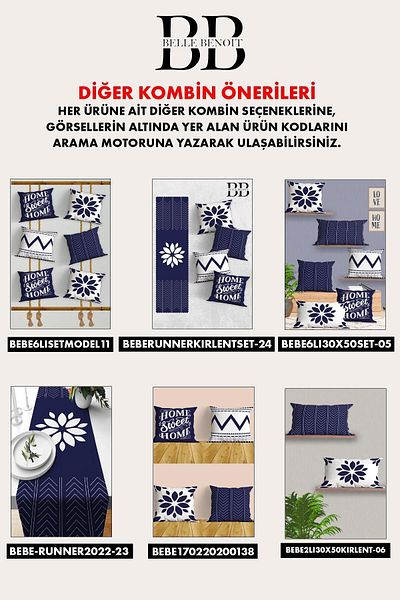 Belle Benoit Set husă de pernă dreptunghiulară, 30x50, 2 piese, imprimată pe două fețe, cu design alb bleumarin, alb