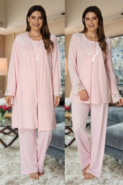 Effort Pijama Pink Collar Detailed Maternity Maternity Pajama Set with Dressing Gown