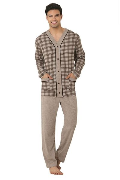 Mecit Pijama طقم بيجامة رجالي بني بأزرار أمامية مقاس كبير 2710