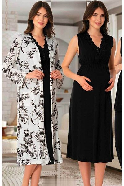 Effort Pijama Effortt 8036 Black Patterned Maternity Maternity Set of 4 with Dressing Gowns