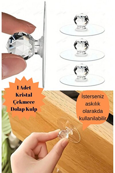 BRE HOME 1 Adet Şeffaf Kristal Başlıklı Yapışkanlı Kulp Dolap Çekmece Kulp Tatacak Askı Tekli
