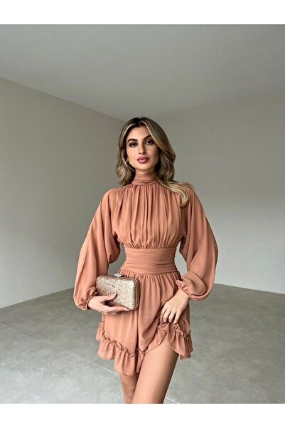 Afiş Butik Vizon Dik Yakalı Sırt Dekolteli Piliseli Tül Kollu Mini Şifon Elbise