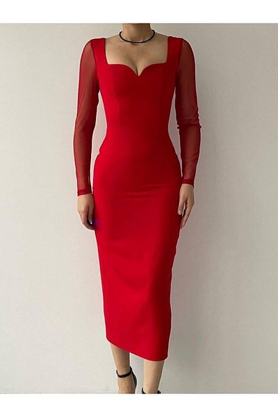 Afiş Butik Rochie creion cu mâneci din tul roșu