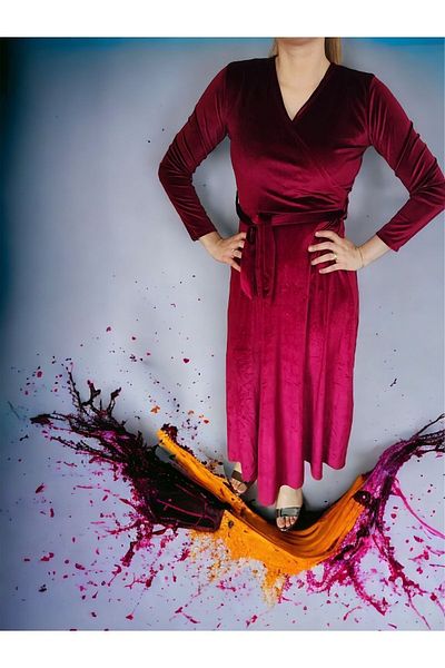Modaayaz Red Velvet - Double Breasted Collar Fabric Dress
