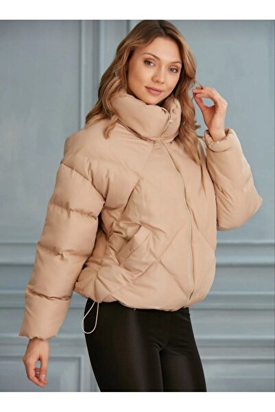 msm fashion Γυναικείο πουπουλένιο παλτό με φαρδύ γιακά με διαμαντένιο σχέδιο