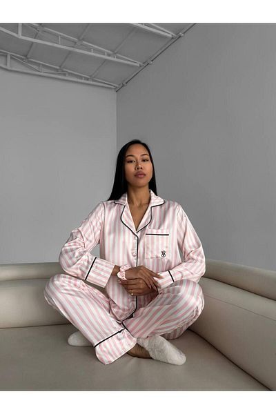 Kitty Homewear Set cămașă și pijamale din satin de mătase cu dungi Kitty vs Pink - 2530