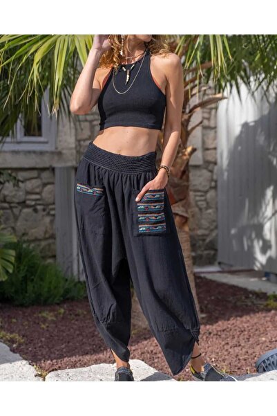 pier moda Nakışlı Keten Şalvar Pantolon-Bohem Style Siyah Renk -Lastik Bel Pantolon-Yoga-Şalvar-Rahat Pantolon