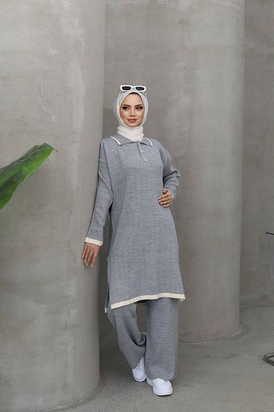 Neşeli Butik Gray Hijab Knitwear Women's Set - Nms023