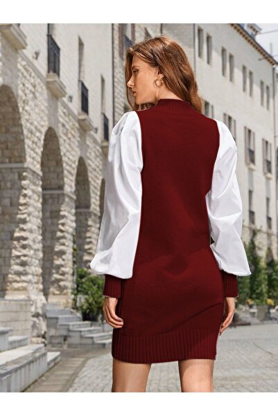 citystyle Selanik Örgü Bisiklet Yaka Yürütme Saç Desenli Kadın Bordo Triko Elbise