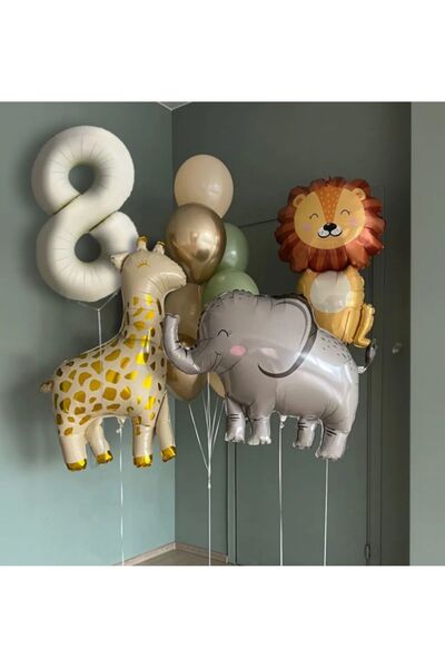 Çemrek Süs Parti Bej Krem Rakam Balon Soft Kahve Renkler Zürafa Aslan Fil Set...