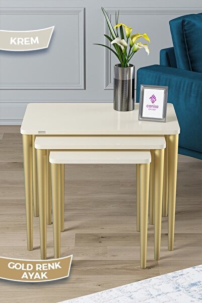 Canisa Via Serisi 1.sınıf Mdf Ve Lake Boya, Krem 3lü Zigon Sehpa Takımı, Gold...