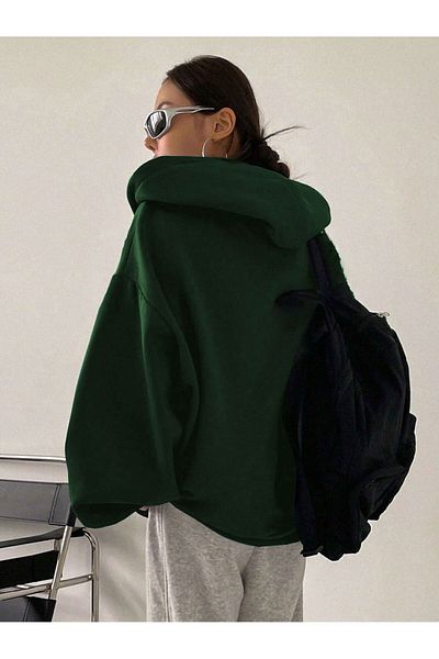 Trendseninle Women's 3 Thread Nefti Green Hood Detail Zippered Cardigan