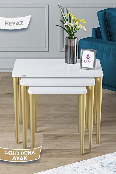 Canisa Via Serisi 1.sınıf Mdf Ve Lake Boya, Beyaz 3lü Zigon Sehpa Takımı, Gol...