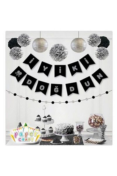 papercraft Μαύρο Ασημί Καλή Ημέρα Γενεθλίων Επιχρυσωμένο Κρεμαστό Σετ κρεμαστό σημαιάκι
