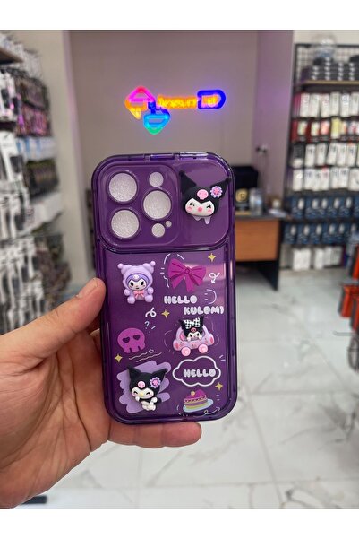 eaksesuarnet İphone 14 Pro  Hello Kuromi Aynalı Standlı Figürlü Mor Telefon K...