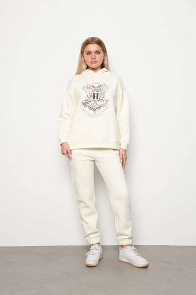 İKLİM LİFE Ecru 3 Thread Hooded and Printed Suit Set