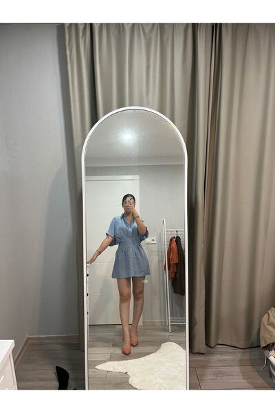 TOPSHOW Açık Mavi Kısa Keten Elbise