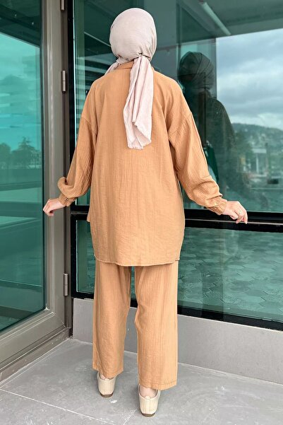 julude Hijab Double Set - Biscuit Drawstring Pearl Tunic and Trousers