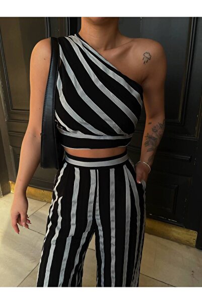 LB Laluna Butik Set bluză și pantaloni pentru femei cu un singur umăr